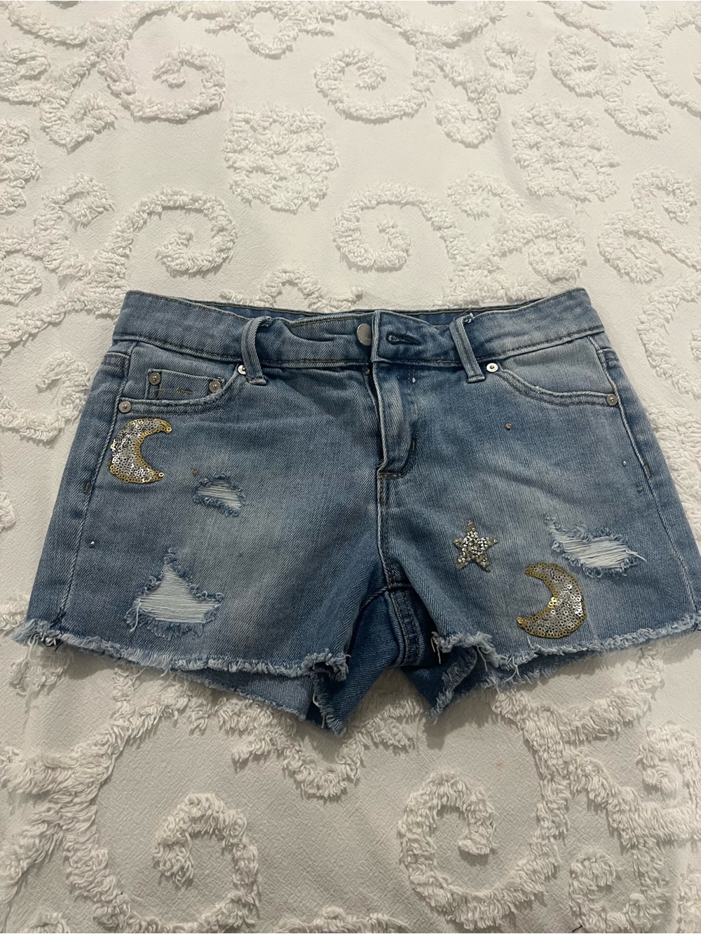 Tractor Embellished Light Blue Denim Shorts with Moon & Star Accents